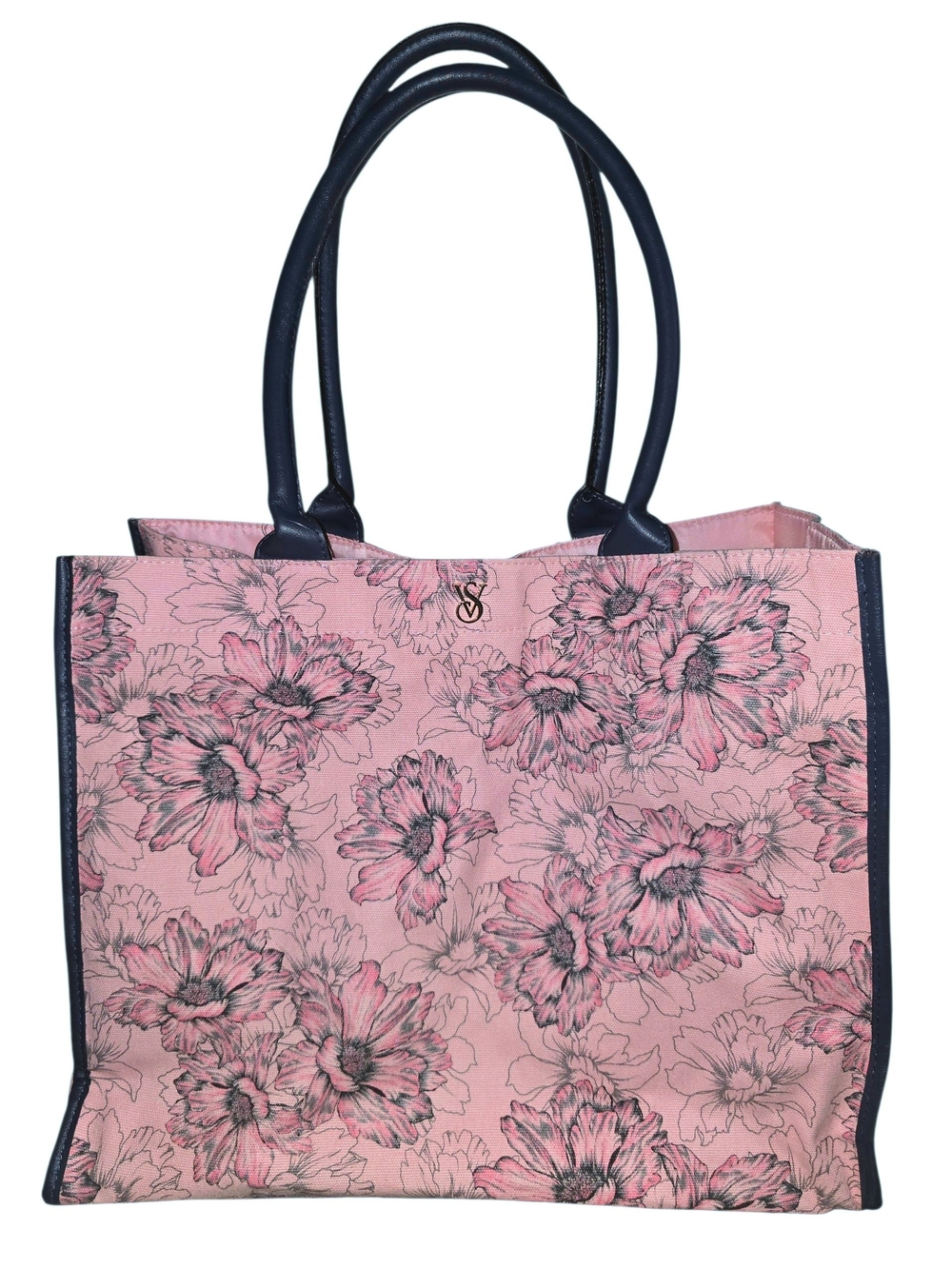 Victoria's Secret Blush Pink Floral Tote with Navy Trim